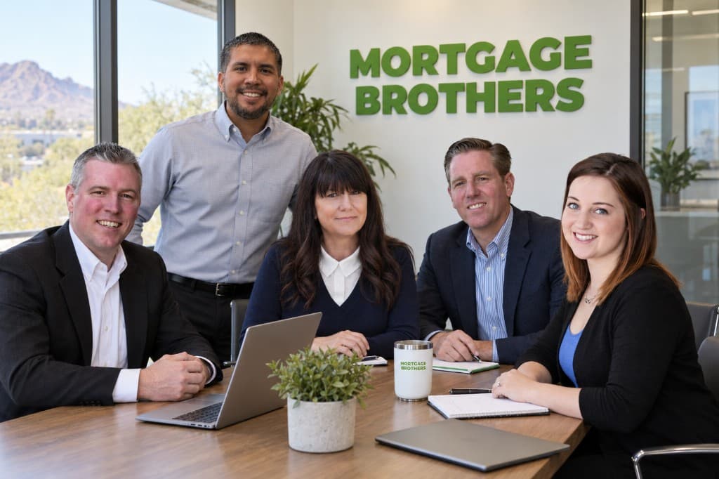 The Mortgage Brothers team gathered in a modern office conference room